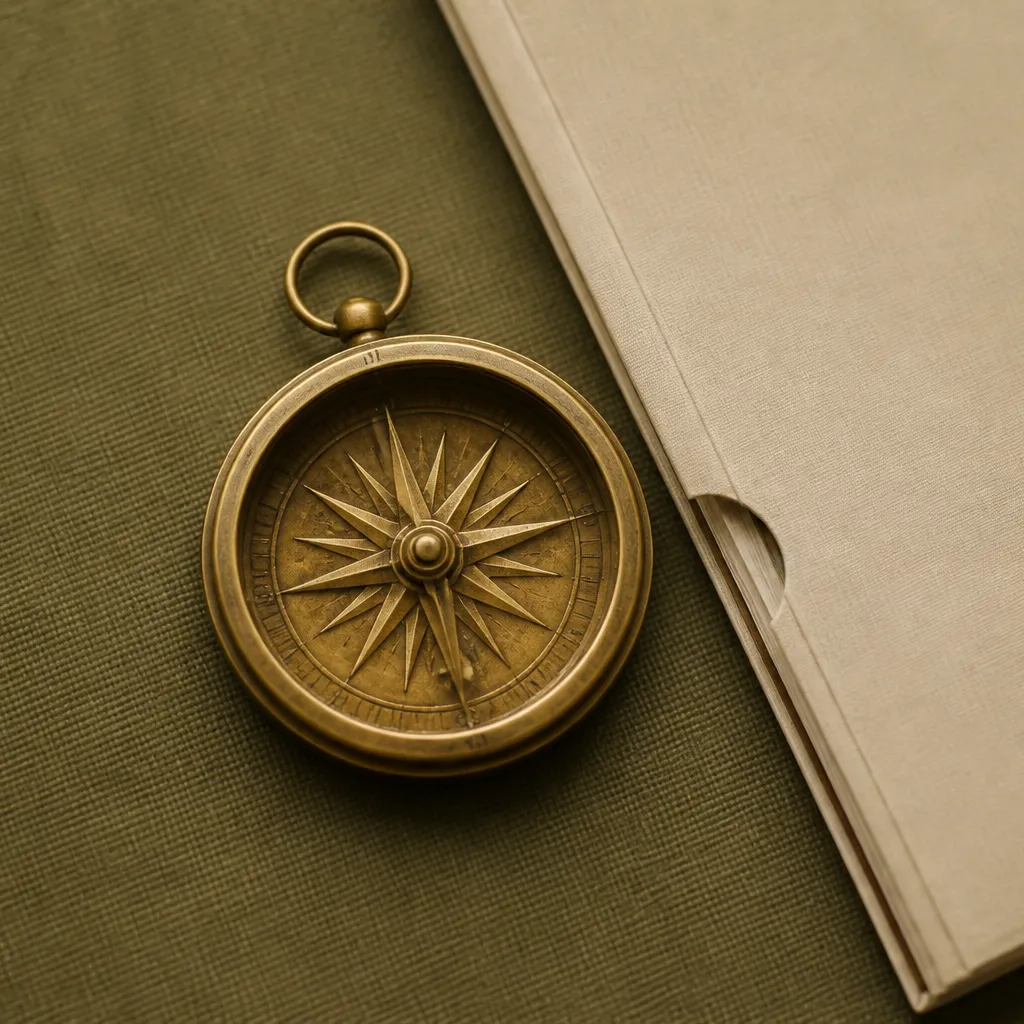 antique gold compass on olive linen beside a cream folder
